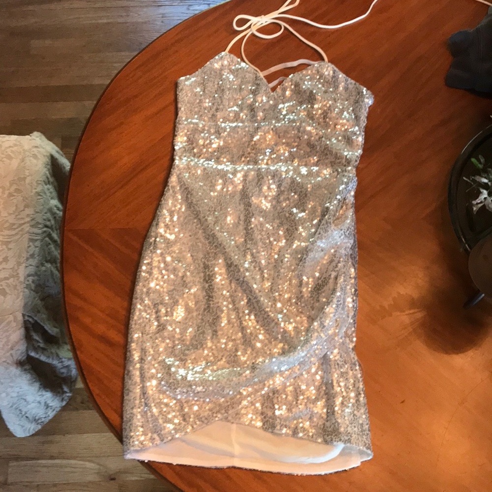 semi formal silver sequence dress